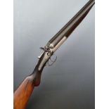 R Scott 12 bore side by side hammer action shotgun with named and engraved lock, semi-pistol grip,