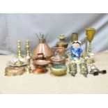 Copper and brass ware including Arts and Crafts style jardiniere, candlestick, lamp, horse