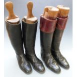 Two pairs of vintage leather riding boots with trees, one set named Rowell and Sons, Melton Mowbray