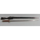 German S98 pattern bayonet with one piece wooden grip, clear stamps for Erfurt, 52cm pipeback blade,