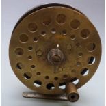 Allcock Aerialite centrepin fishing reel with bespoke ventilated brass front plate, diameter 12.5cm