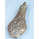 G & J W Hawksley copper and brass powder flask with embossed decoration to both sides, 21cm long.