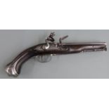 Lazari flintlock hammer action coat pistol with steel butt cap, trigger guard and mounts, inlaid