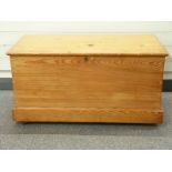 Pine trunk with metal handles raised on castors, W94 D46 H48cm