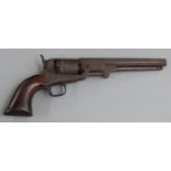 Colt London .38 six-shot single action revolver with shaped wooden grips and 7.5 inch indistinctly