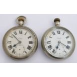 Two British Railways Midland region Limit keyless winding open faced pocket watches, both with