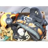 Tree surgeon's belt with carabiners, three helmets with ear defenders etc