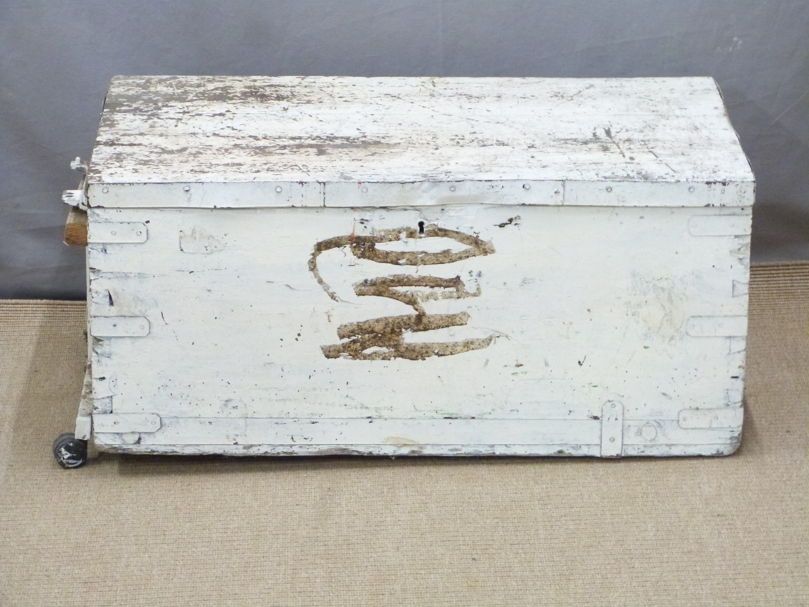 A painted pine metal bound trunk, W83 D46 H39cm