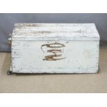 A painted pine metal bound trunk, W83 D46 H39cm