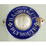H.Andrew & Co. Plymouth vintage car enamel dashboard suppliers plaque, width 6cm