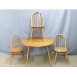 Ercol retro light elm table and three similar chairs, diameter 88 H74cm