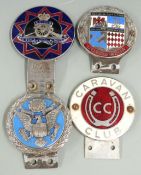 Four car badges including Royal Artillery, Caravan Club and Cote d'Azur