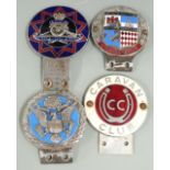 Four car badges including Royal Artillery, Caravan Club and Cote d'Azur