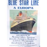 Reproduction Blue Star Line shipping poster on canvas, 105 x 68cm