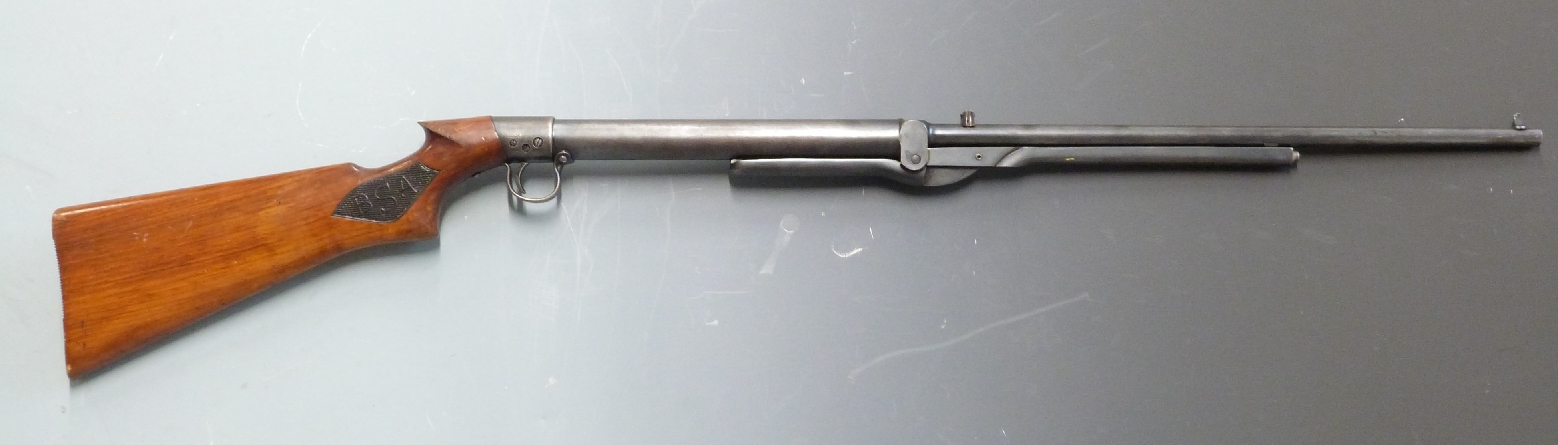 BSA Standard No.2 .22 air rifle with monogrammed chequered grip, adjustable trigger, named barrel