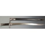 British 1856 pattern sword bayonet with wooden grips, 51.5cm yataghan fullered blade and scabbard