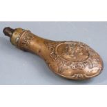 G & J W Hawksley copper and brass powder flask with embossed decoration of horses to one side and