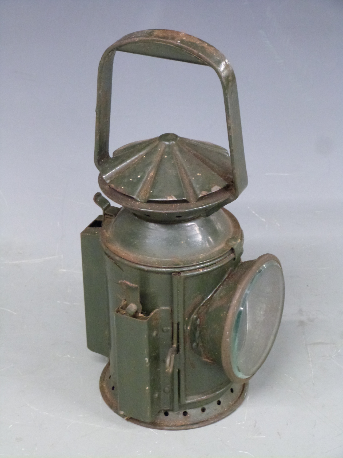 Military railway or similar tri colour hand lamp marked Wakefield 1945, height 30cm - Image 2 of 3