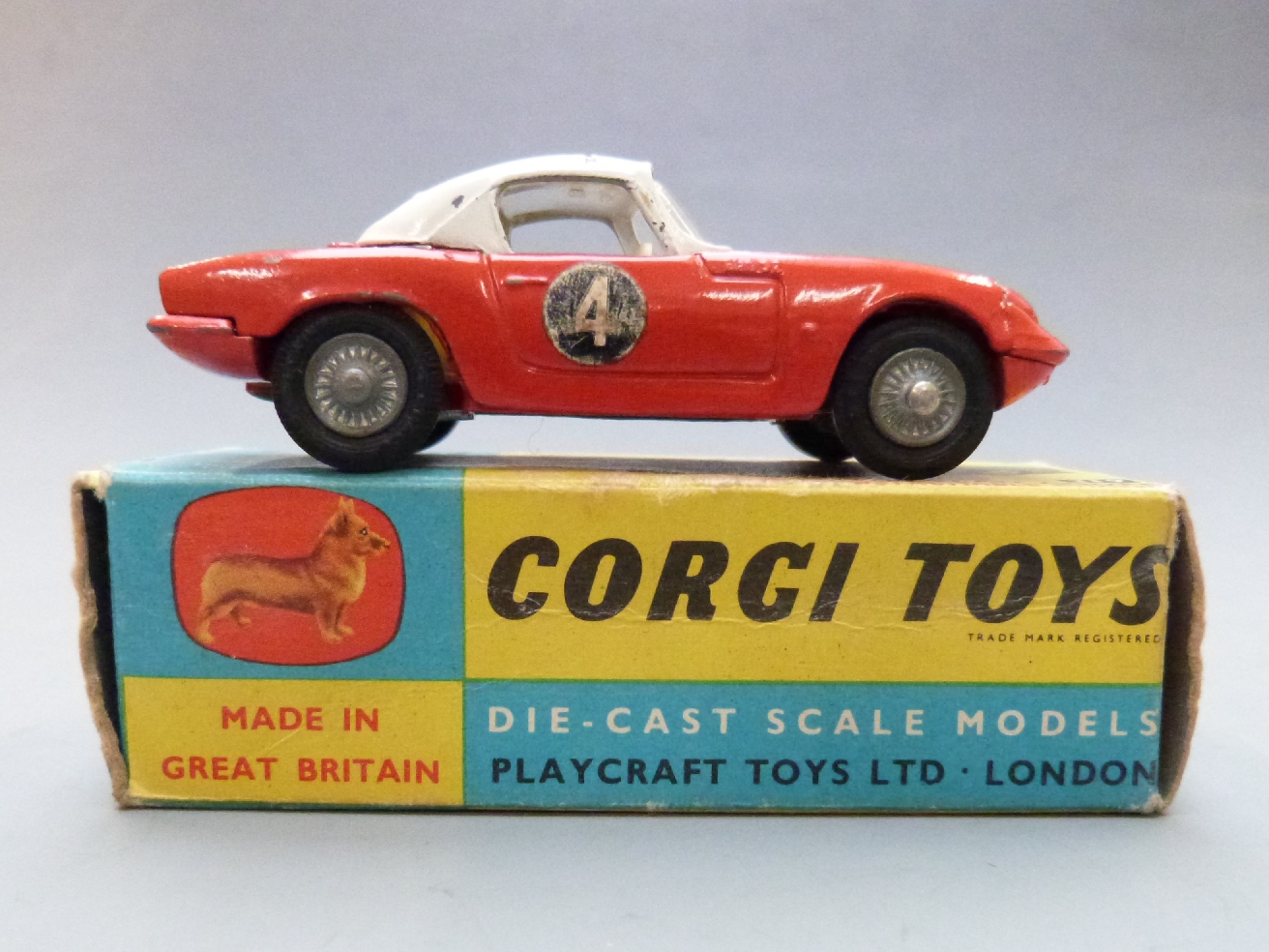 Corgi Toys diecast model Lotus Elan Coupe with red body, white top, white interior, cast hubs and - Image 2 of 5