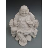Large carved alabaster or similar seated laughing Buddha, W39 D36 H40cm
