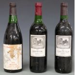 Three bottles of French red wine. Chateau Le Tour St Bonnet Bordeaux 1976, 700ml. Domaine De L'
