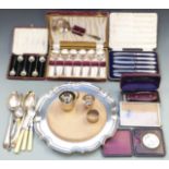 Cased set of six hallmarked silver handled knives, silver plated salver with inset cheeseboard,