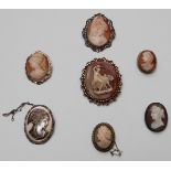 A collection of silver and cameo brooches