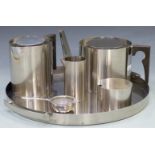 Arne Jacobsen for Stelton Danish designer stainless steel tea set on tray, width of tray 36cm,