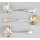 Three 19thC and earlier hallmarked silver sugar sifter ladles, one Edinburgh 1835, another London