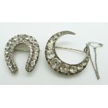 Victorian horseshoe brooch (3.3 x 3.5cm) and Victorian crescent brooch (4cm diameter), both set with