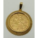 A 9ct gold pendant set with a 1905 gold full sovereign, Melbourne Mint, 9.6g