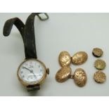 A 9ct gold watch, 9ct gold cufflinks (3.7g) and studs