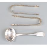 Georgian hallmarked silver sauce ladle, Exeter 1819 maker's mark WW, together with two pair of sugar