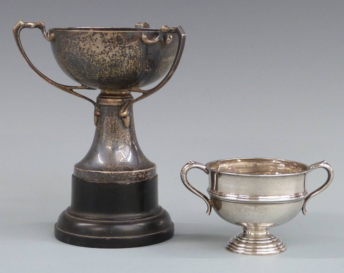 Art Nouveau three handled tyg or trophy cup, Birmingham 1928 maker Joseph Gloster Ltd, height on