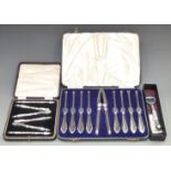 Walker and Hall cased set of shellfish picks, cased nutcracker set and a bottle opener etc