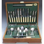 Burr walnut cased six place setting canteen of silver plated cutlery