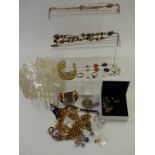 A collection of jewellery including silver and opal necklace, pearl bracelet, agate necklace, silver