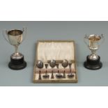 Cased set of six hallmarked silver teaspoons together with two hallmarked silver twin handled trophy