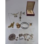 A collection of jewellery including marcasite brooches, gold plated necklace, silver and pearl