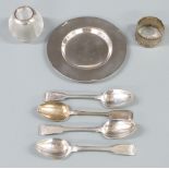 Hallmarked silver pin dish, London 1965, four various hallmarked silver teaspoons and a silver