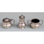 Walker and Hall three piece hallmarked silver cruet set with blue glass liners, Sheffield 1913,