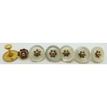 A 9ct gold stud, 9ct gold earring (1.7g) and five mother of pearl buttons