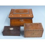 Three boxes comprising 19thC inlaid tea caddy, small rosewood box with silver plaque dated 1930