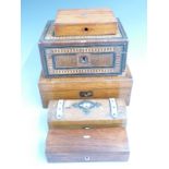 Victorian rosewood and ivory mounted glove boxes, two Tunbridge inlaid writing slopes and a