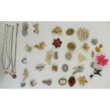 A collection of vintage brooches including Sarah Coventry, enamel, cameo, agate etc