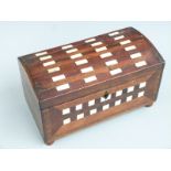 19thC inlaid bone, ebony and specimen wood oak dome top tea caddy raised on ball feet, W26 D13 H15cm