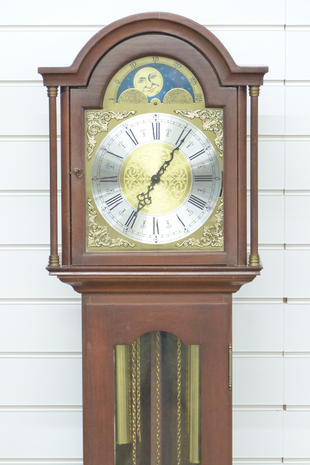 20thC grandmother longcase clock in earlier style, the mahogany case with glazed door, the two - Image 2 of 2