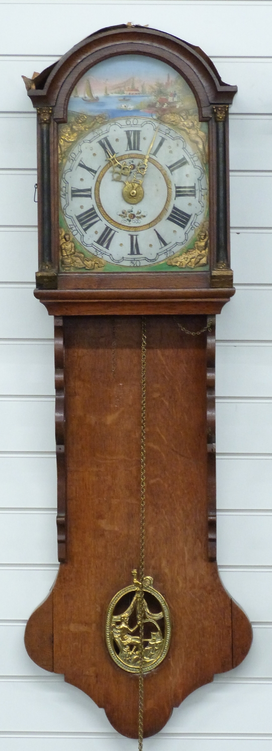 Mid 19thC Dutch wall clock, the painted Roman dial with waterside scene in arch, figural spandrels