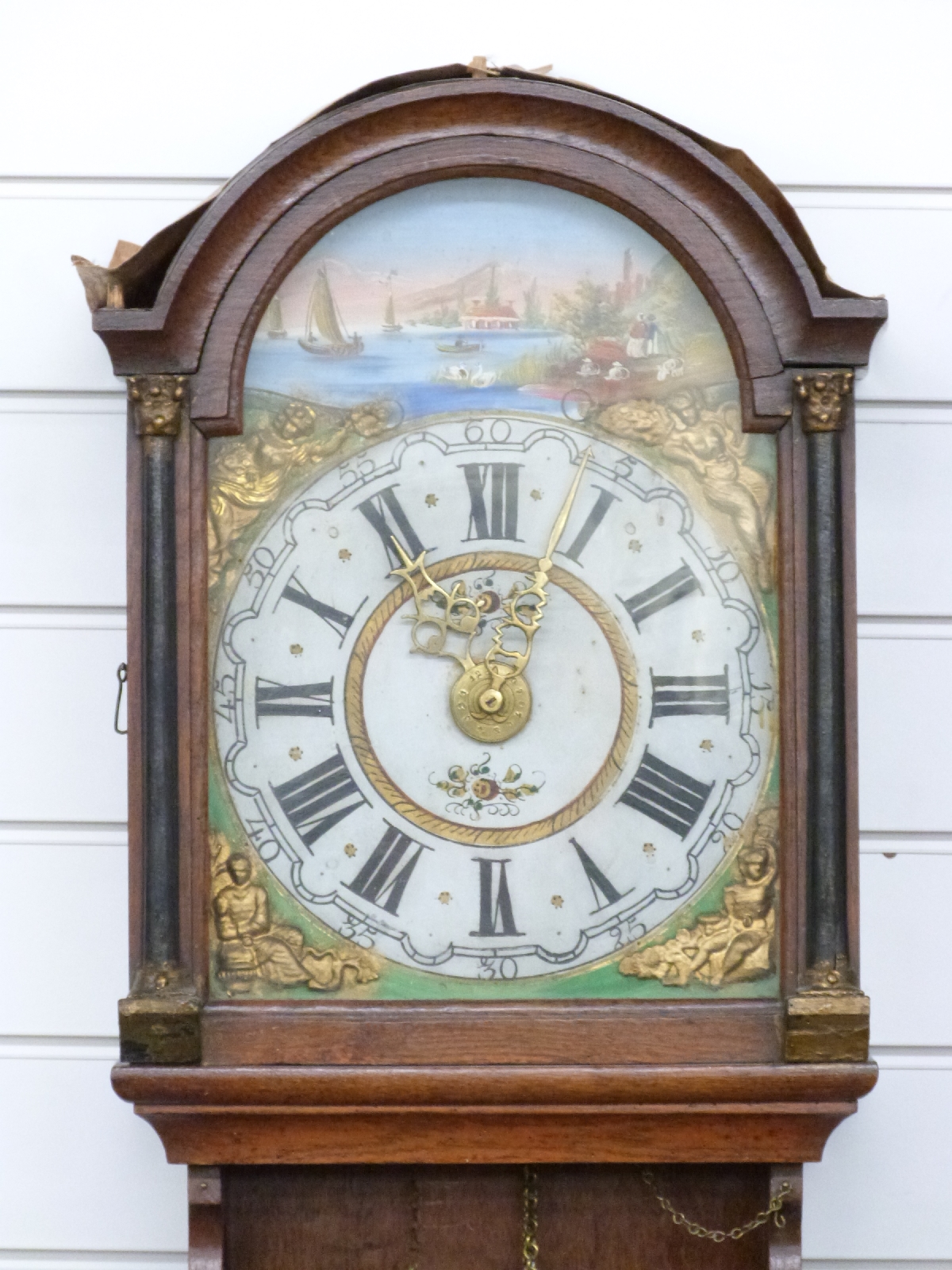 Mid 19thC Dutch wall clock, the painted Roman dial with waterside scene in arch, figural spandrels - Image 2 of 2