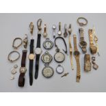 Twenty-five various ladies and gentleman's wristwatches including one 9ct gold, Waltham cushion